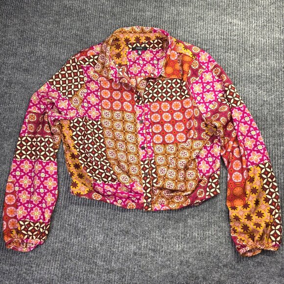 DREW Tops - Anthropologie DREW Shirt Women M Pink Cropped Floral Boho Patchwork Artsy Retro